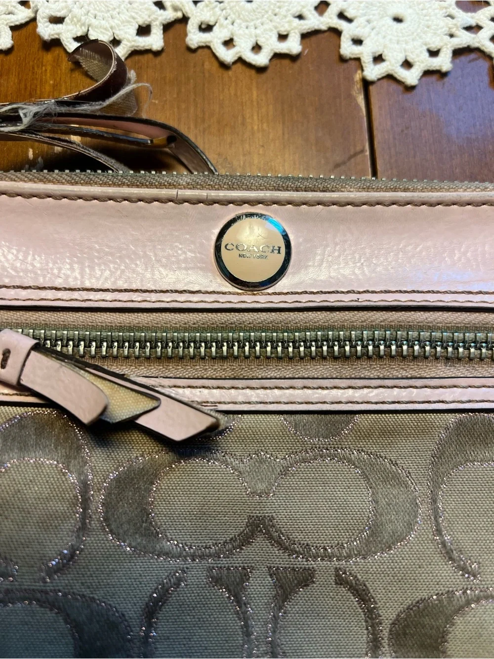 Coach Taupe Signature Jacquard Wristlet with Pink Trim